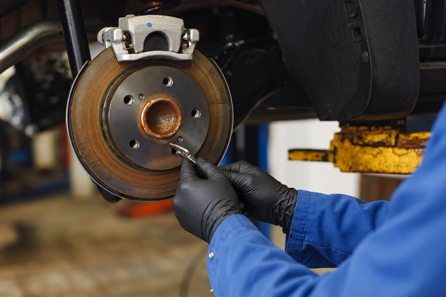 Black rubber-gloved hands working on a vehicle’s brake assembly